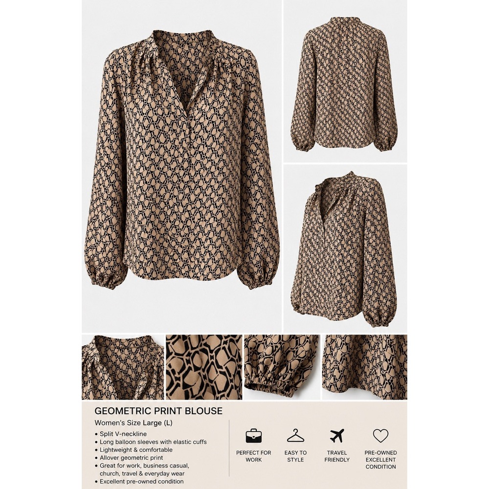 Women's Size Large Brown & Black Geometric Print Balloon Sleeve V-Neck Blouse